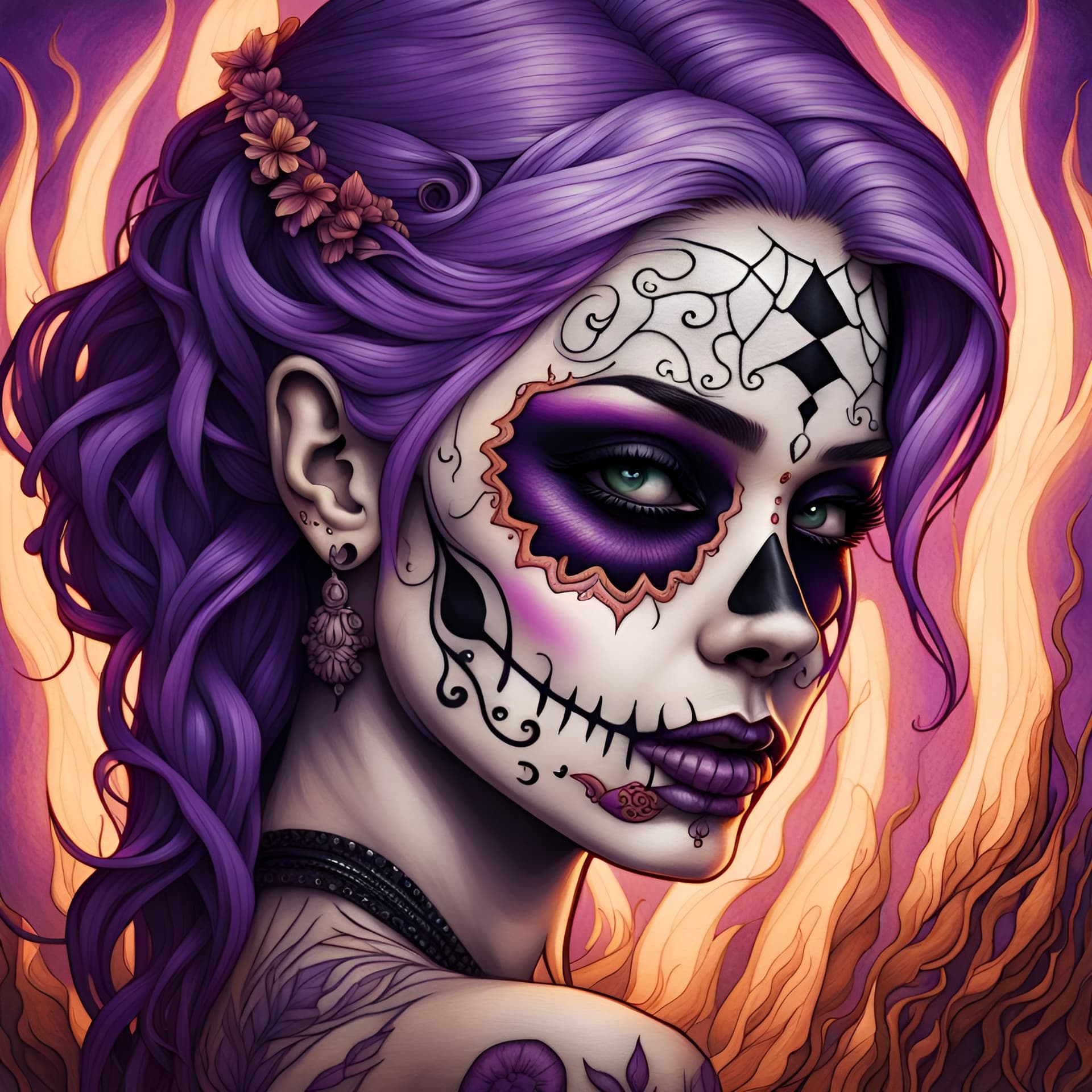 AI generated: an enchanting pyrography piece featuring a day-of-the-dead celebration illuminated by the ethereal g...