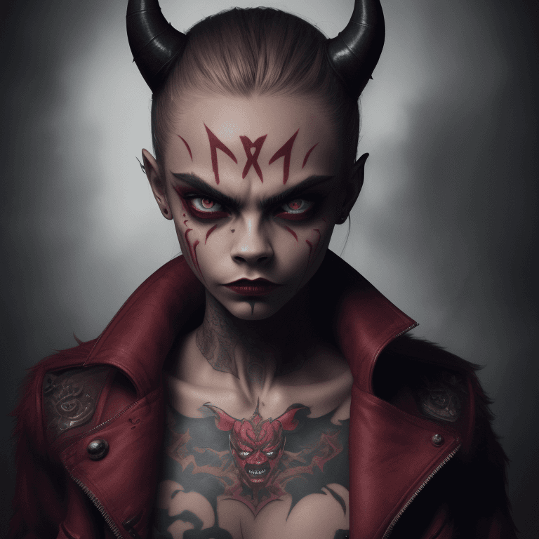 AI generated: Cara Delevingne,portrait photo of davidmod, demon, diabolic, monster, angry, forehead demon, red ski...