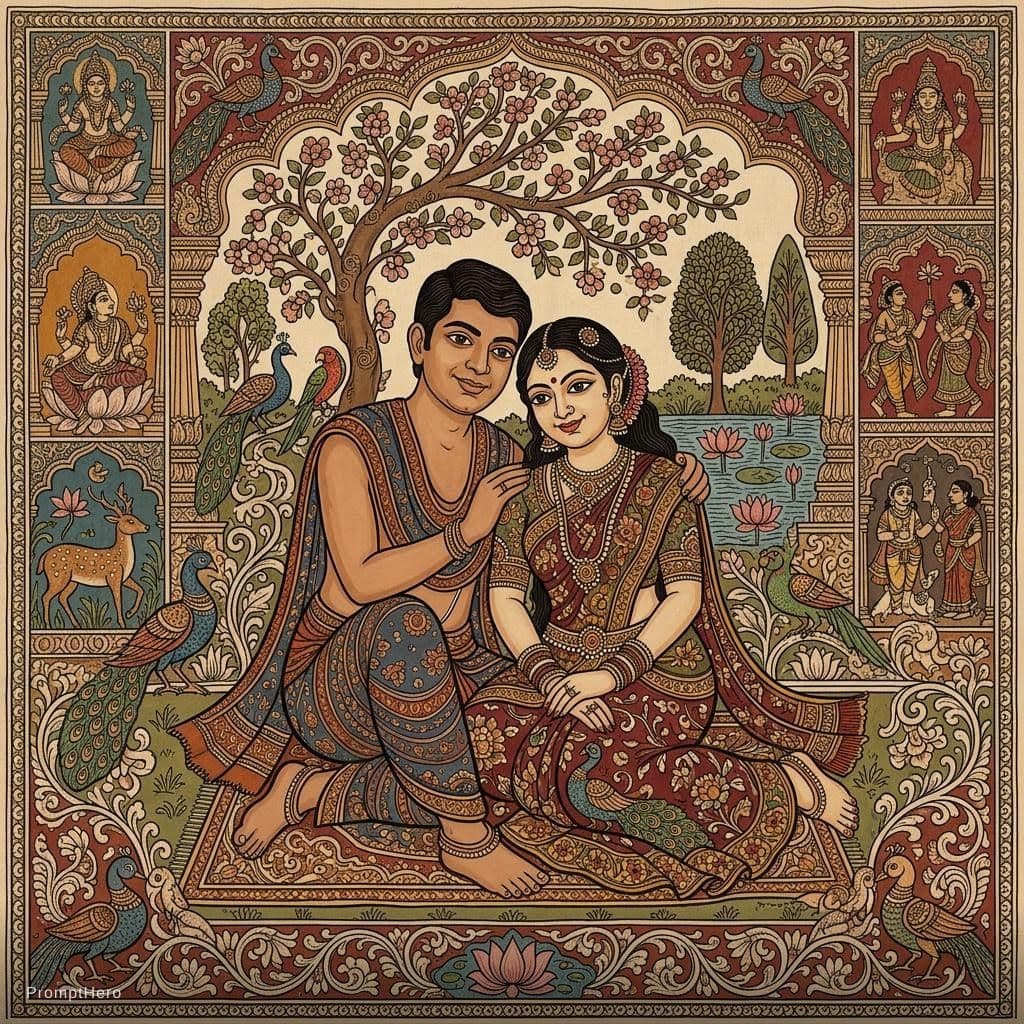 AI generated: Create an original Kalamkari-style artwork of two consenting adult South Asian lovers, with their ge...