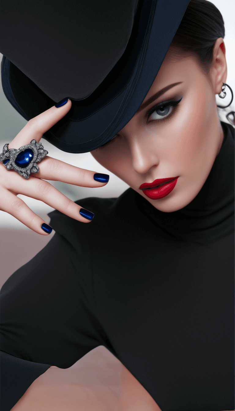 AI generated: The image features a woman wearing a blue grey hat, a blue grey dress, and red nail polish. She is p...