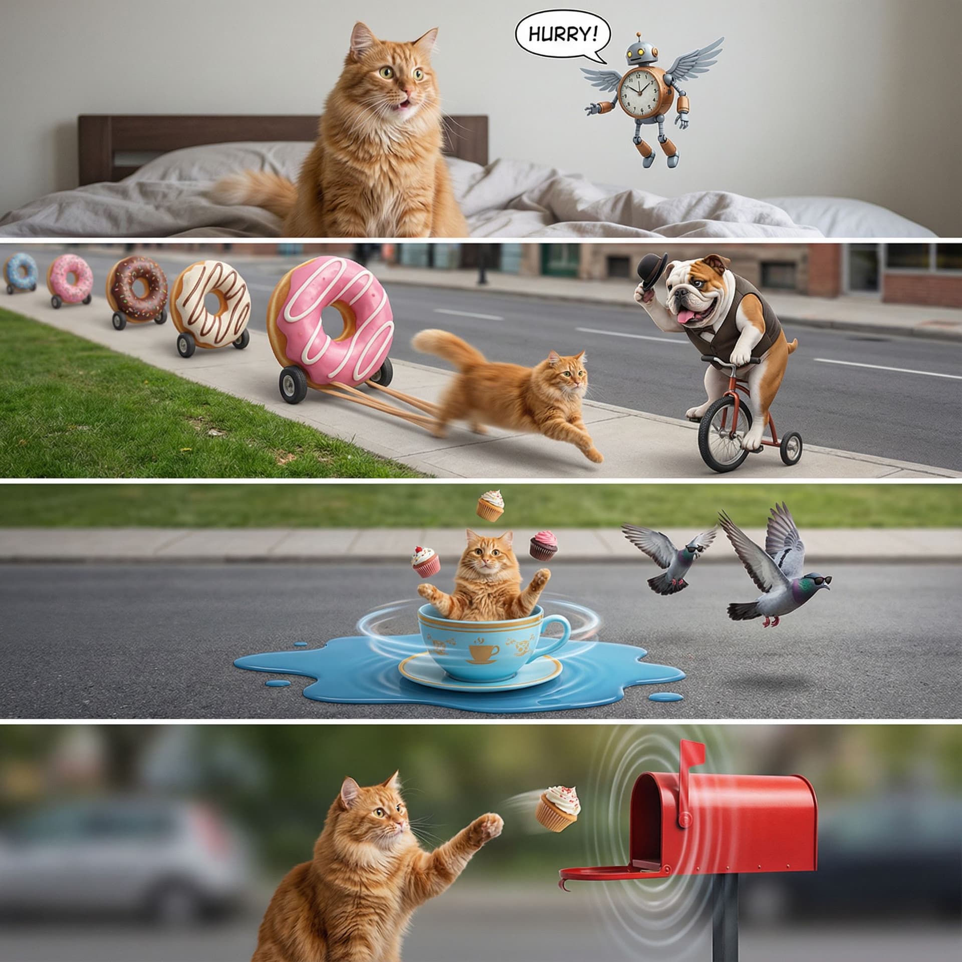 AI generated: Scene Concept:
A clever, human-like orange cat navigates a series of escalating, funny mishaps in a ...
