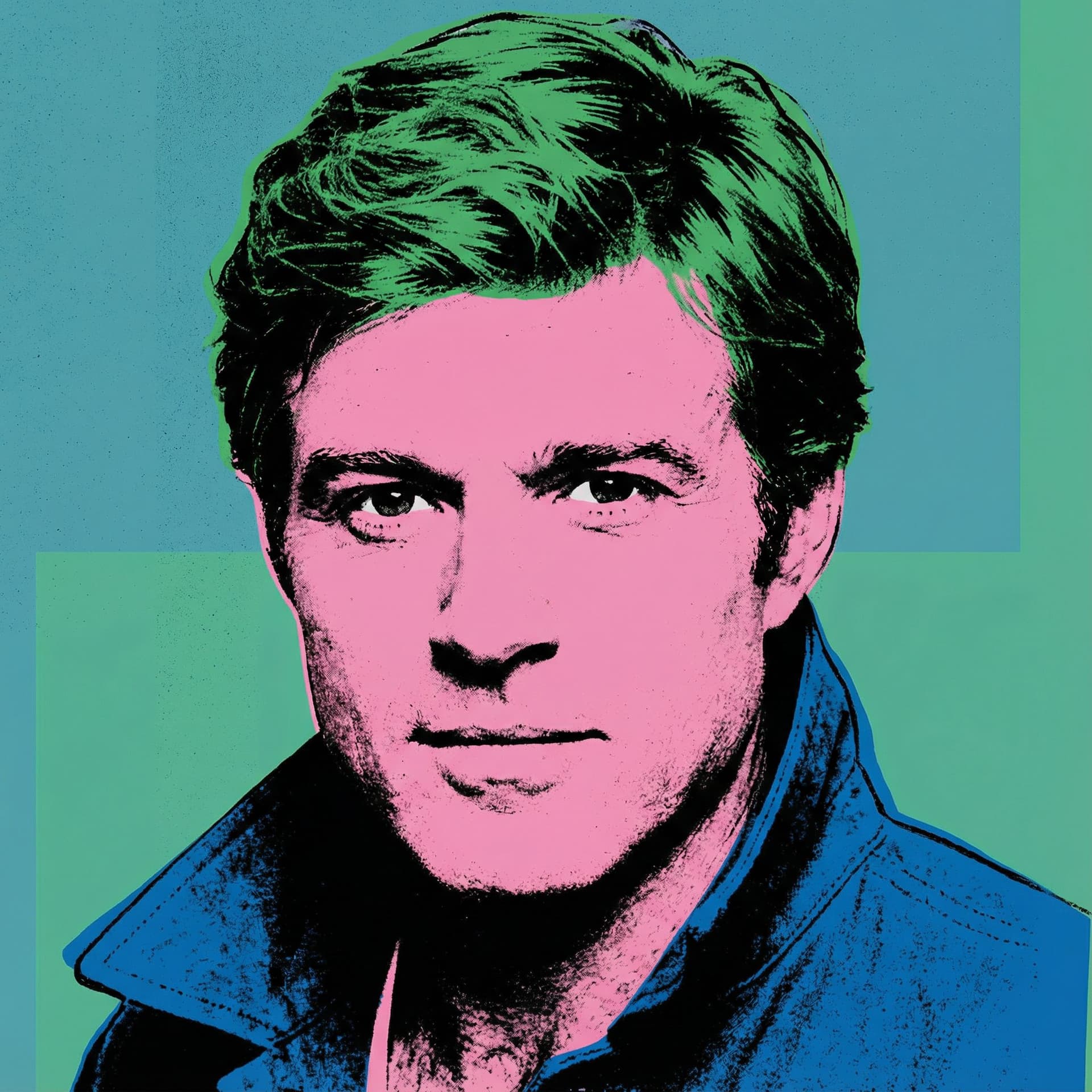AI generated: Robert Redford, in the style of Andy Warhol, simple background, pink, green, blue, and black colors ...