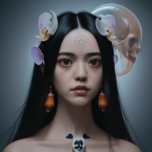 AI generated: Japanesechin,dog, close-up ,portrait . jellyfish phoenix head, nautilus, orchid, skull, intricate ar...