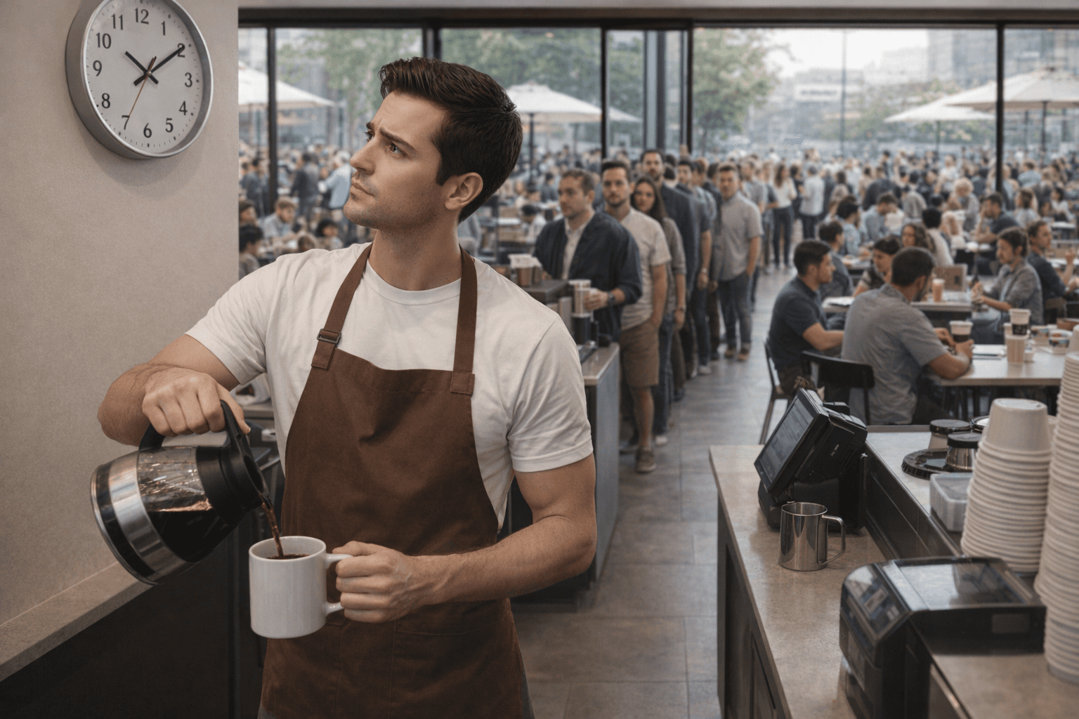 AI generated: the model is a barista at a very busy and big coffee shop. He is behind the counter serving people. ...