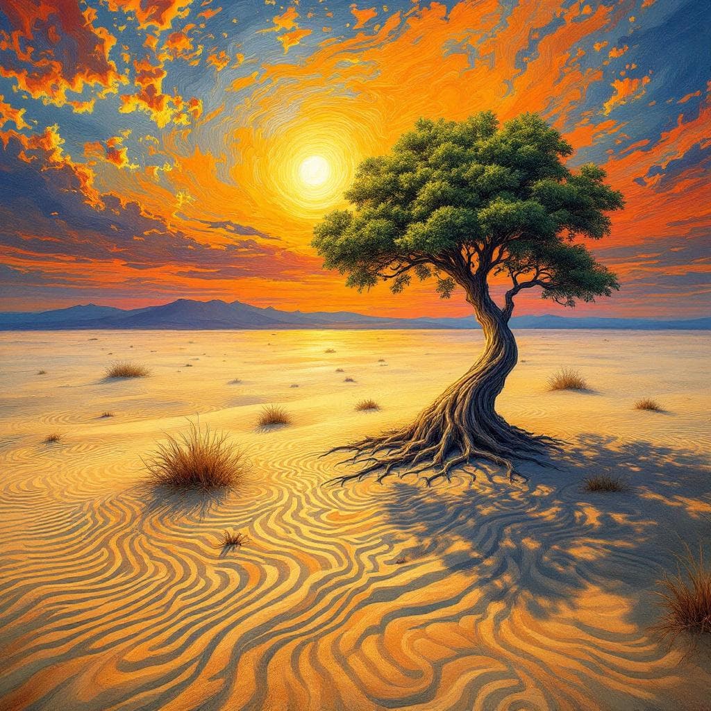 AI generated: In a surreal dreamscape where a solitary tree stands tall in a vast, barren desert, create an image ...