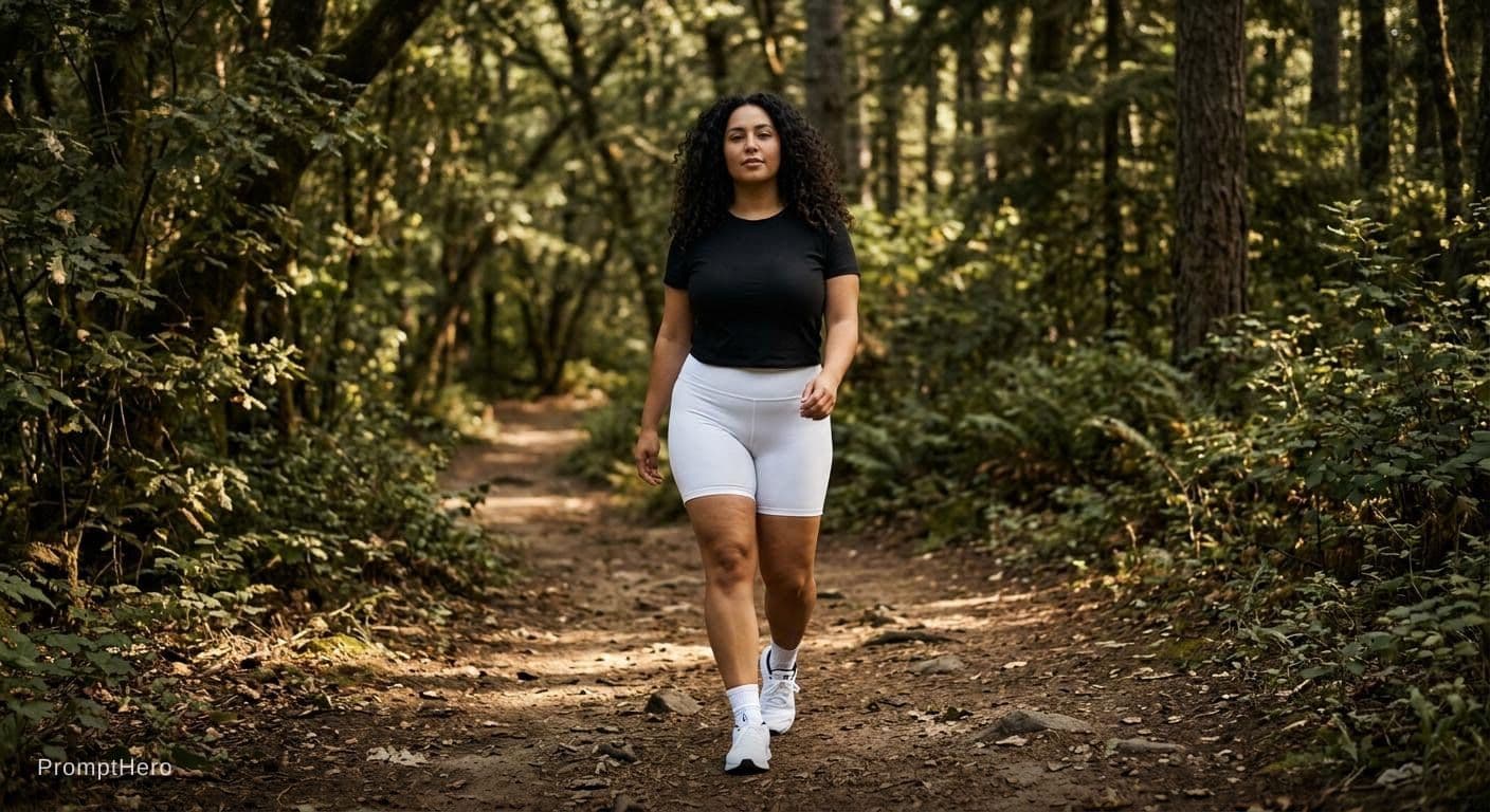 AI generated: Woman, Latina, curly hair, round face, thin nose, full lips, body proportions: 1.69 m, 64 kg, medium...