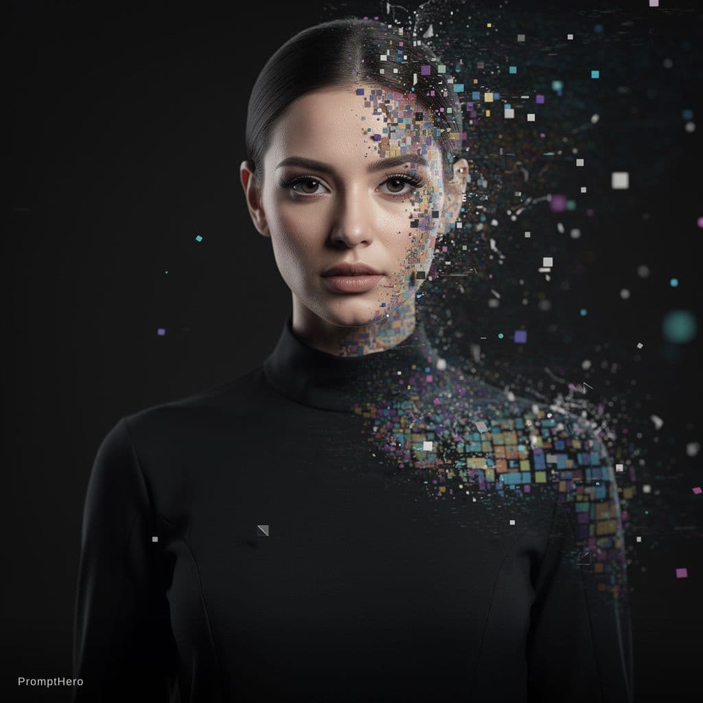 AI generated: portrait of a woman, front shot, gaze, avant-garde styled, wearing a minimalist black wear, features...