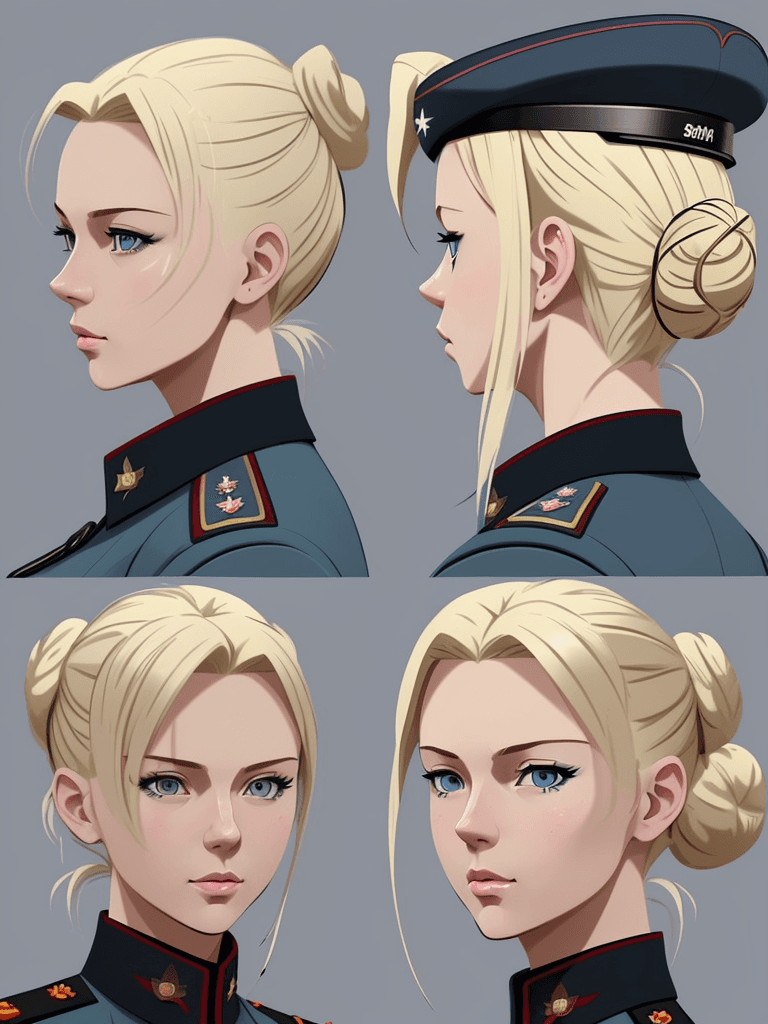 AI generated: russian militar navy woman from WWII, blonde, blue eyes, hair with bun, (cel shading, anime:1.3), co...