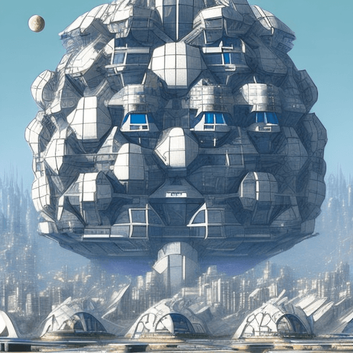 AI generated: technofuturism style, It is a colony city designed by Buckminster Fuller on Moon in 2500, influenced...