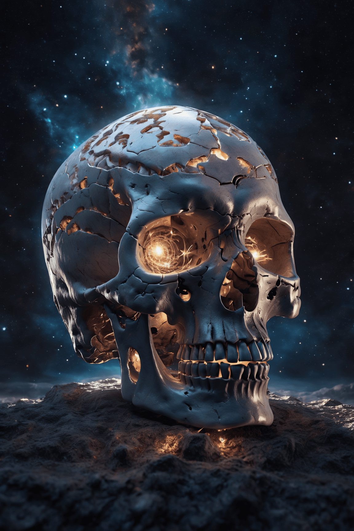 AI generated: Translucent human skull,white teeth ,eternity in eye socket ,(intricate detail), (super detailed), 8...