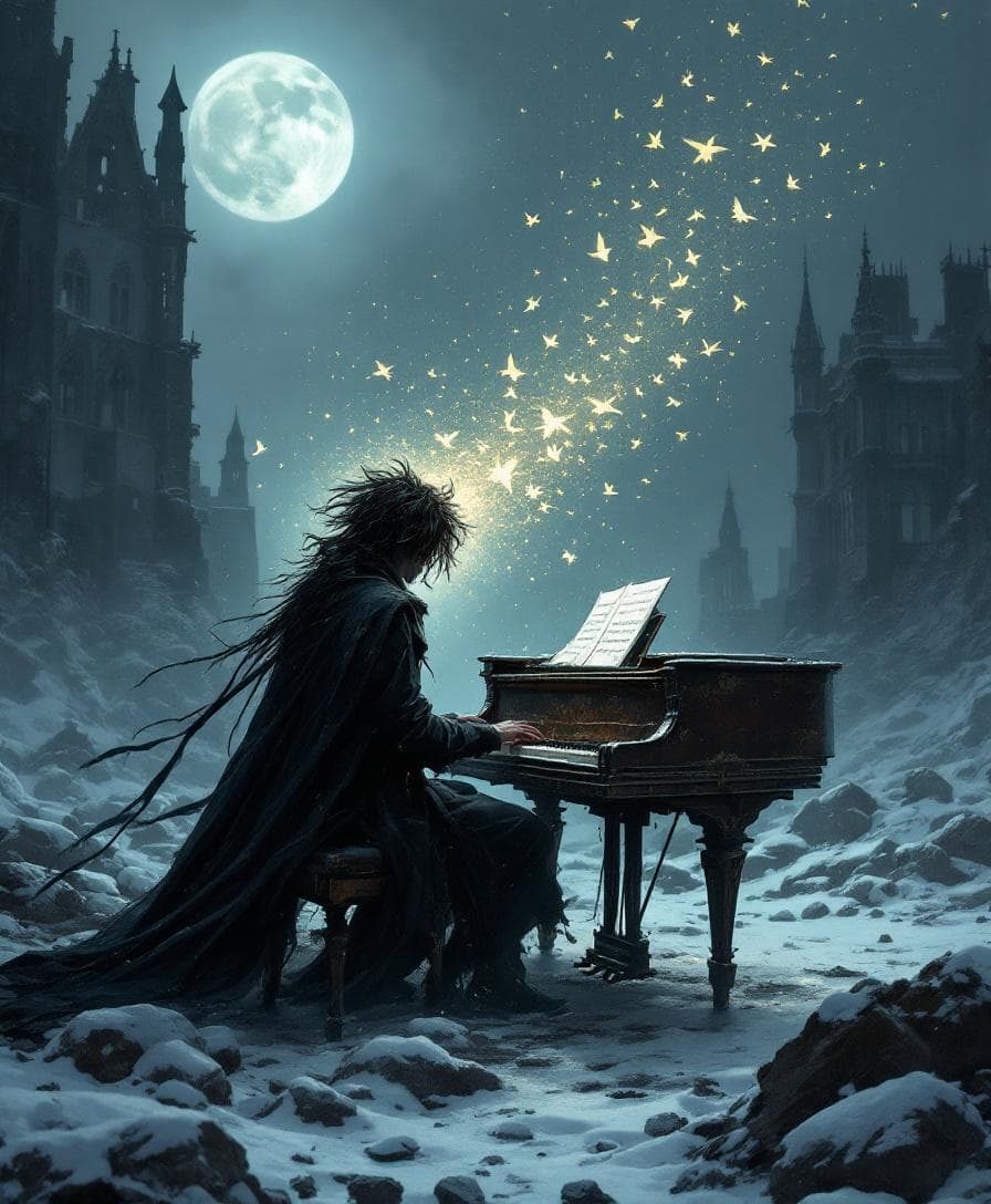 AI generated: imagine prompt: Lonely pianist with wild disheveled dark hair, seated at an ancient weathered grand ...