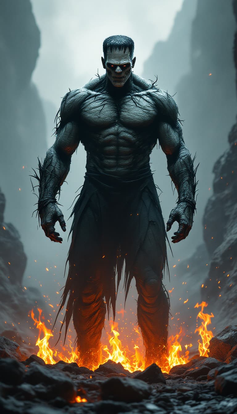 AI generated: Envision a fully body portrait of  frankenstein monster   as   super hero rising from the ashes, sta...