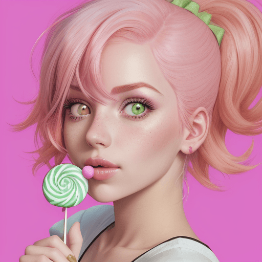 AI generated: A close-up of a female character with vibrant pink hair, a striking green eye, and rosy cheeks. She ...