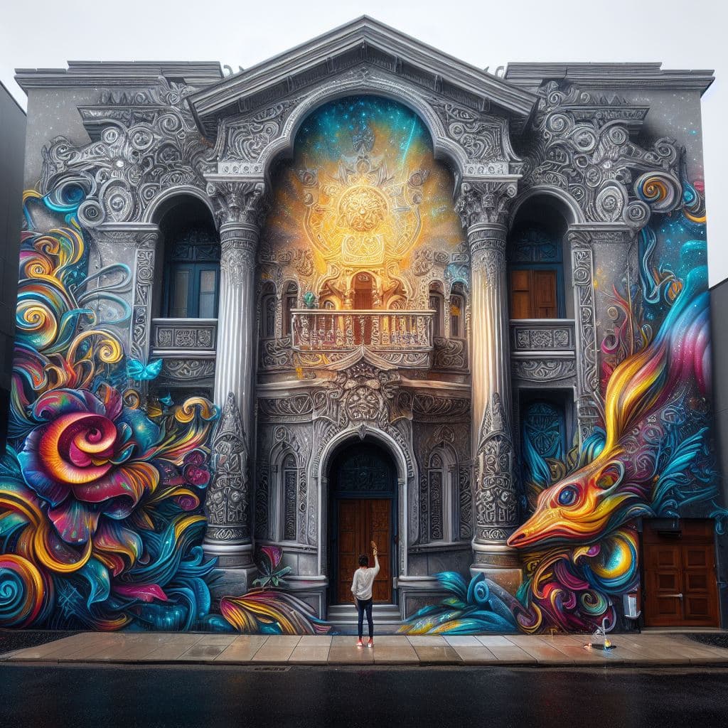AI generated: A Majestic Mural Fantasy Graffiti Graphic House in the style of a Famous Street Artist Designer with...