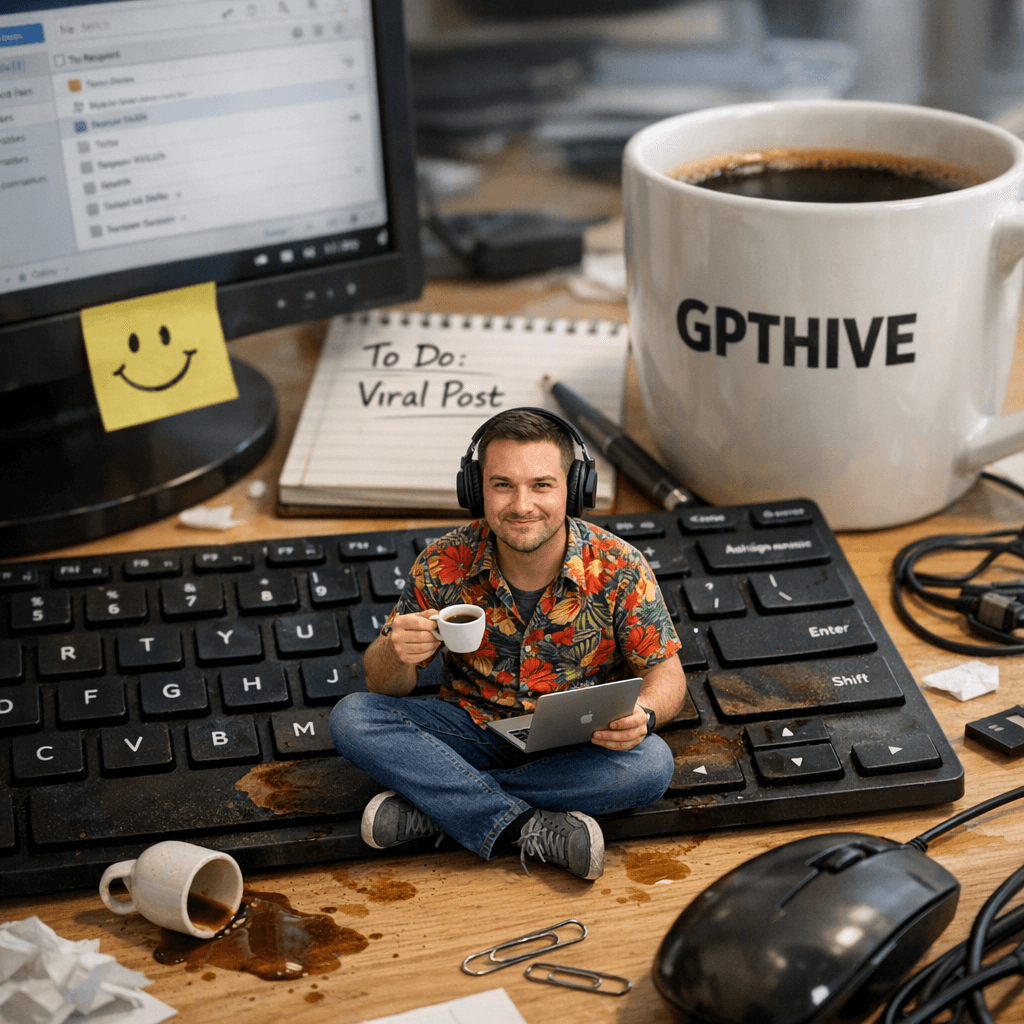 AI generated: A hyper-realistic, 8k, high-angle medium shot captures a surreal office desk scene with a shallow de...