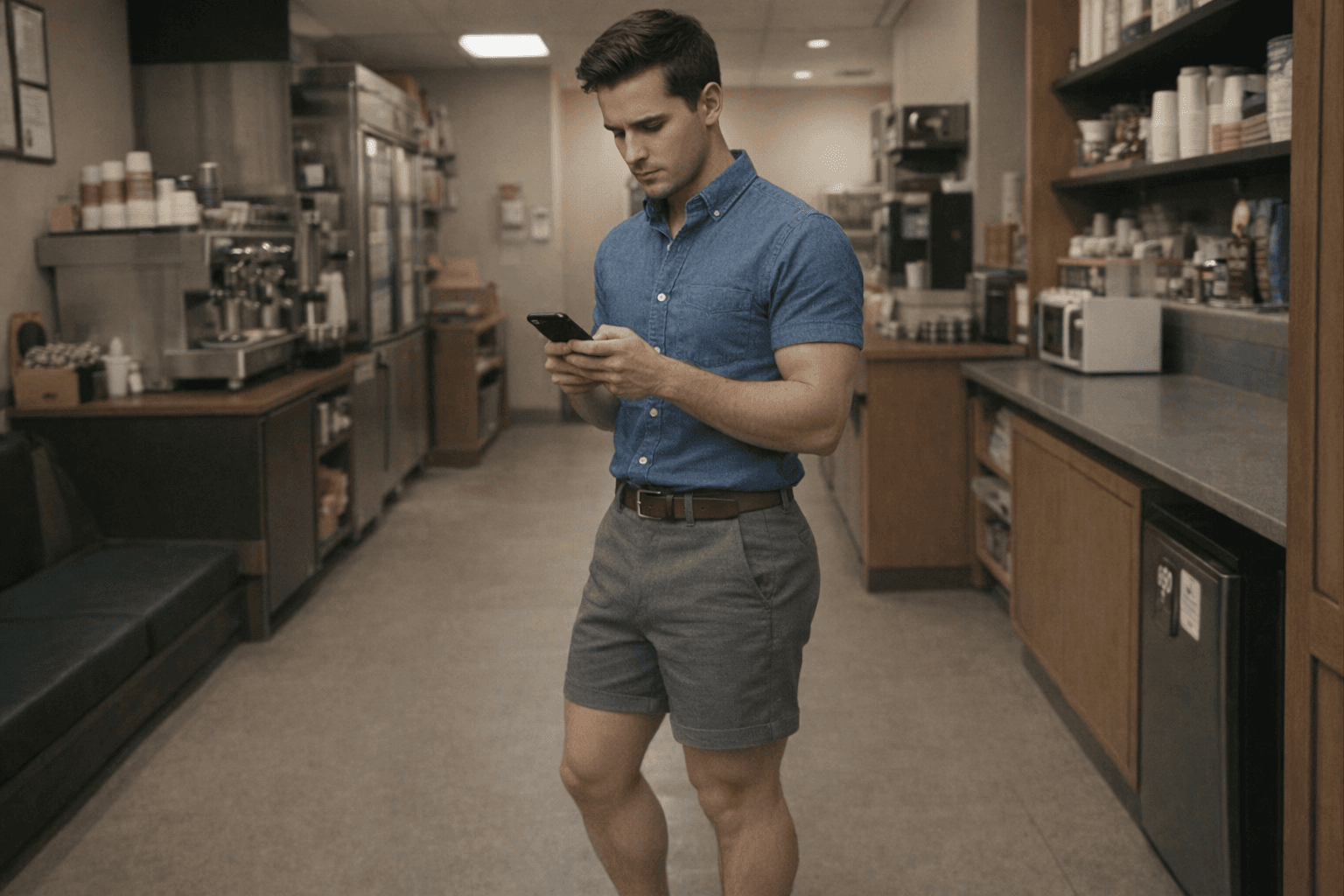 AI generated: The model is at a employees coffee shop back room. The model is standing while texting on his phone....