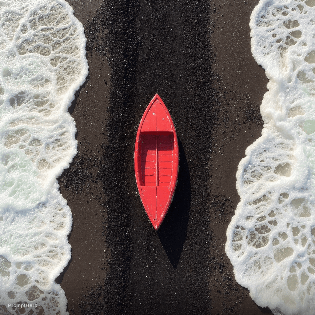 AI generated: small, red wooden boat rests on a dark, volcanic beach.  The boat is centered in the image, position...