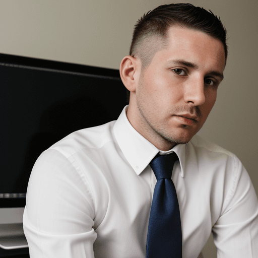 AI generated: 32 year old man, correct, white, short hair, shaved, sitting upright in front of computer, looking r...