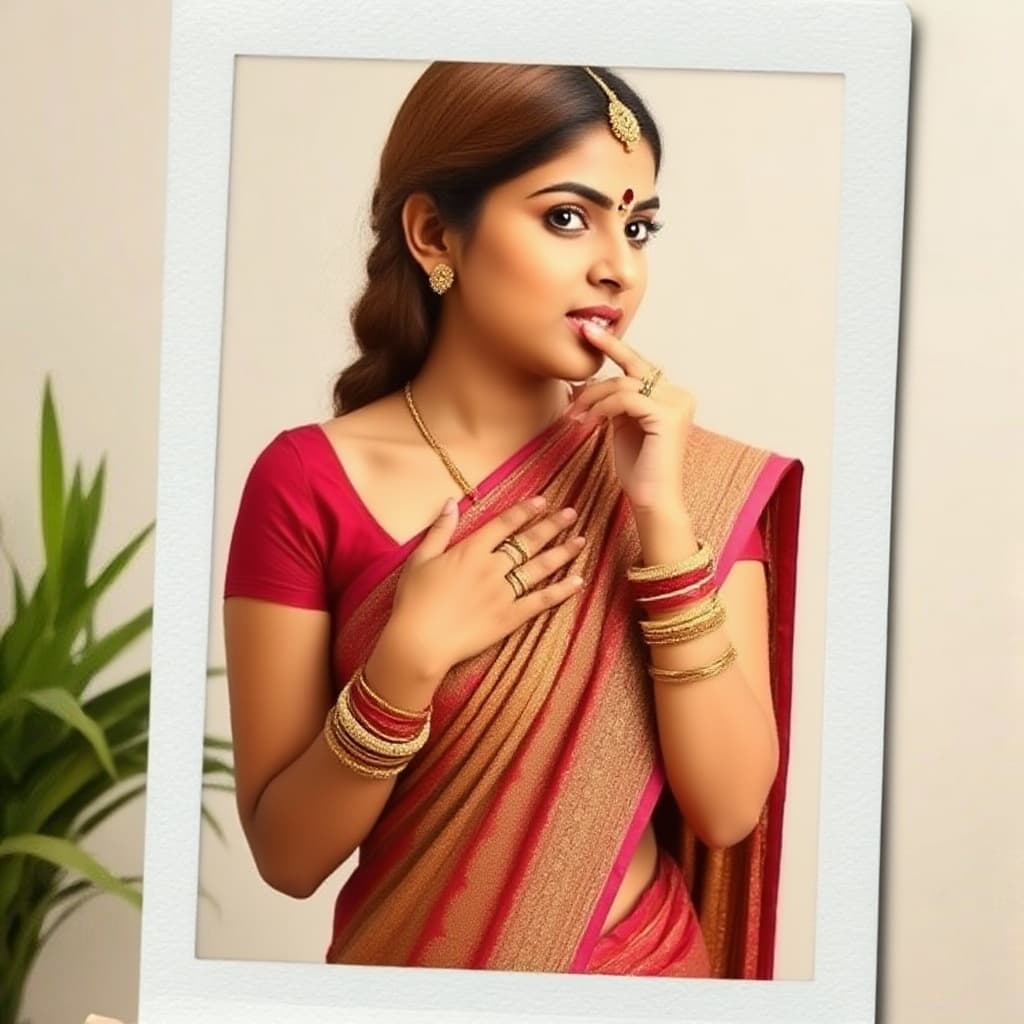 AI generated: nayanthara,  one hand on chest,biting her lip, 18-21 years old, brown hair, Indian hair style, saree...