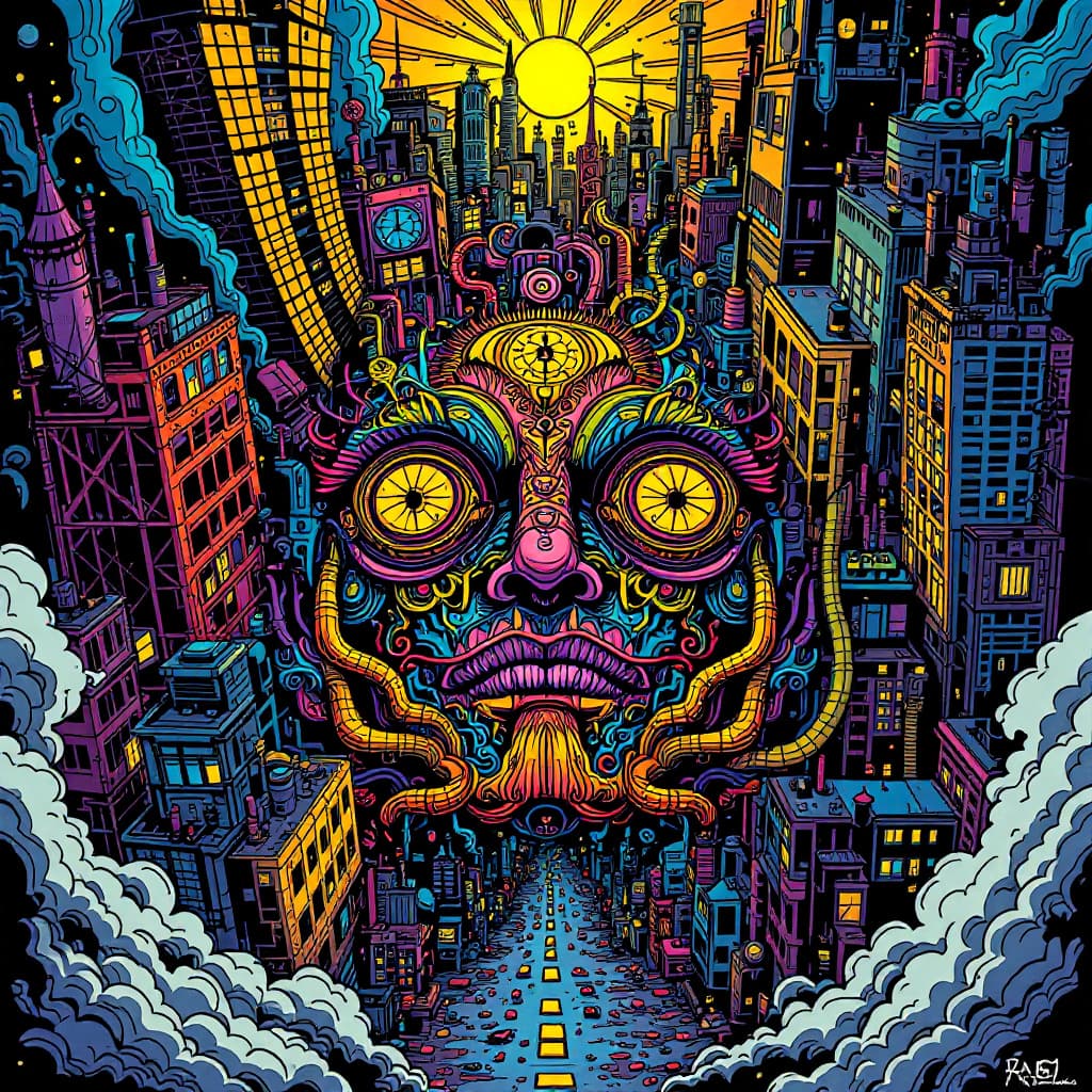 AI generated: cartoon with a colorful face surrounded by a city, in the style of tim doyle, industrial forms, pack...