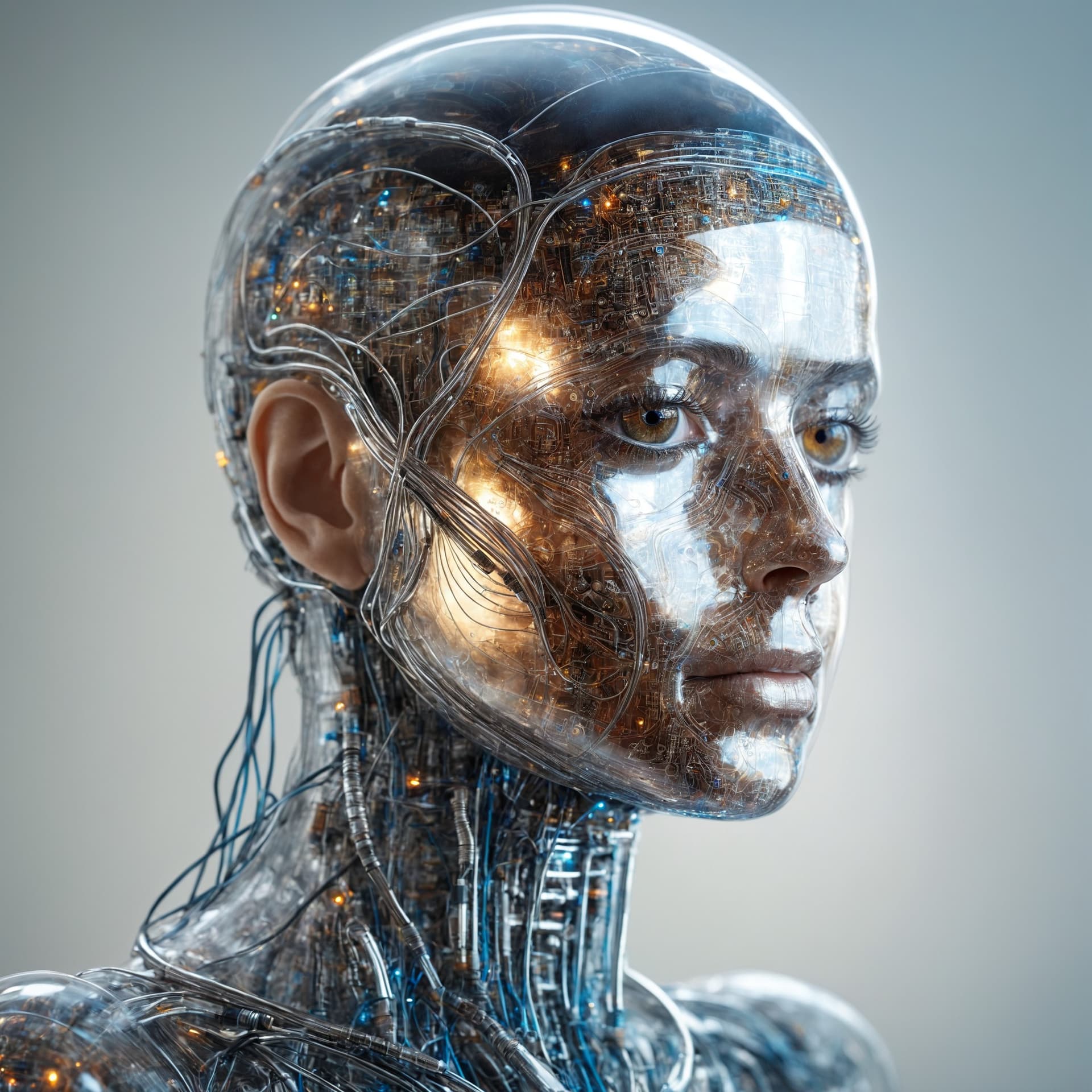 AI generated: a humanoid wrapped in transparent cybernetic wires and circuits in the style of molecular wires, hea...