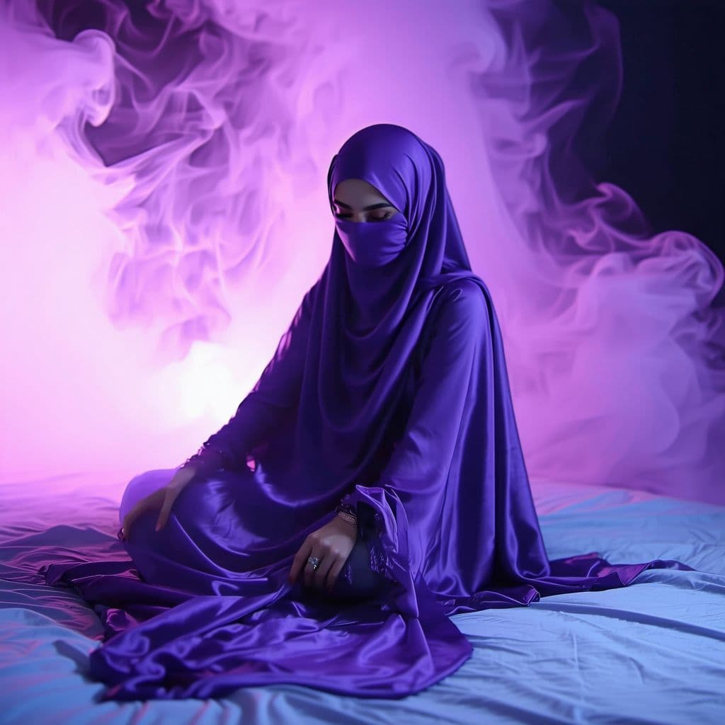 AI generated: arabic girl, purple air, on a bed
