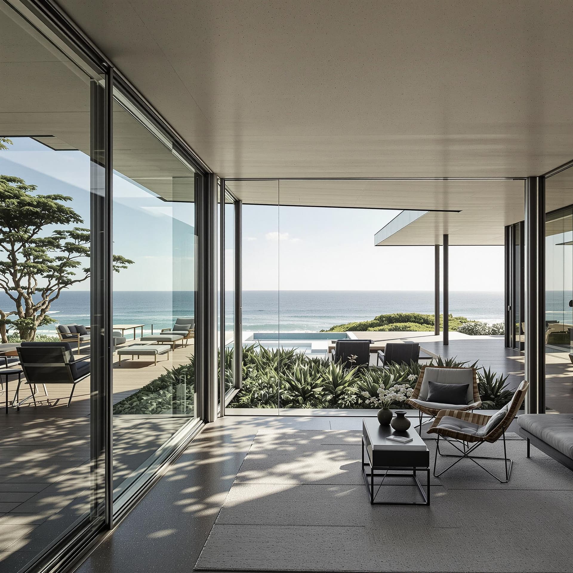 AI generated: Hyper realistic eye level exterior photo of a mid century modern style house overlooking the ocean, ...