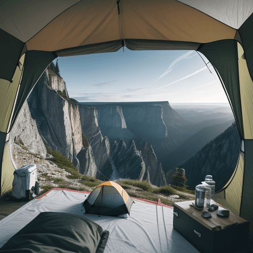 AI generated: An aerial shot of a remote, cliff-side campsite perched on the edge of a breathtaking mountain vista...