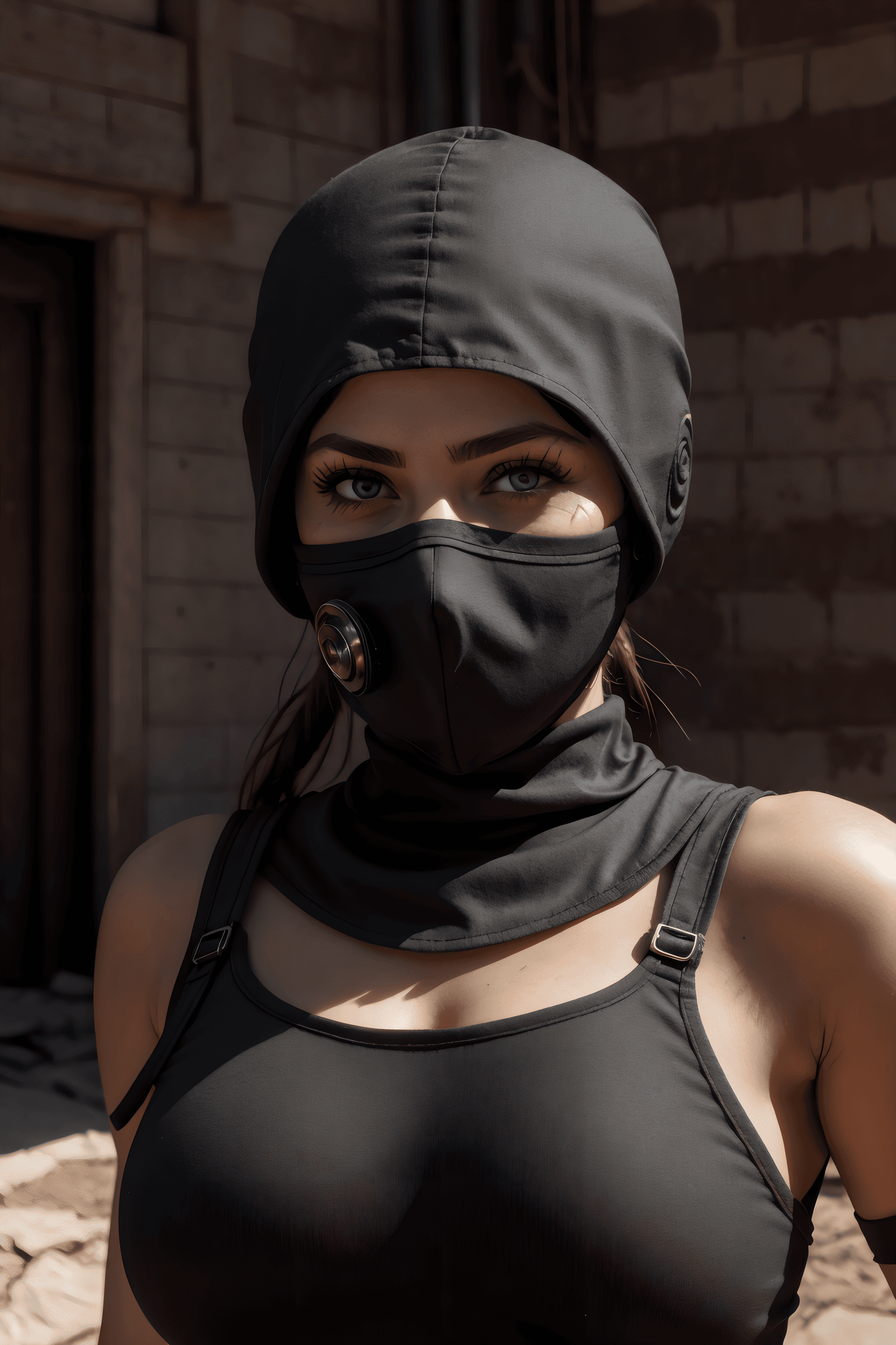 AI generated: a warrior woman, metal armor ninja still, fabric ninja mask, fantasy still detailed eyes, (highly de...