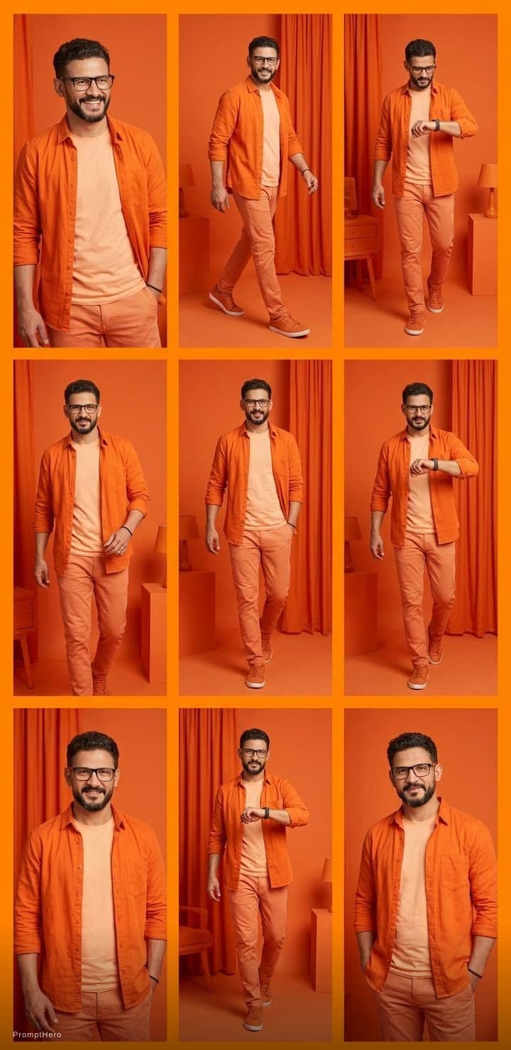 AI generated: A collage of 9 editorial-style photos with an orange color theme.The background,all objects,items,an...