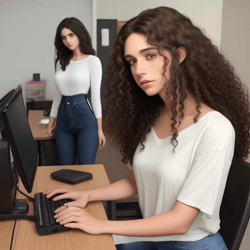 AI generated: woman with brown eyes and medium long curly hair. who is talking to a white man, with short dark hai...
