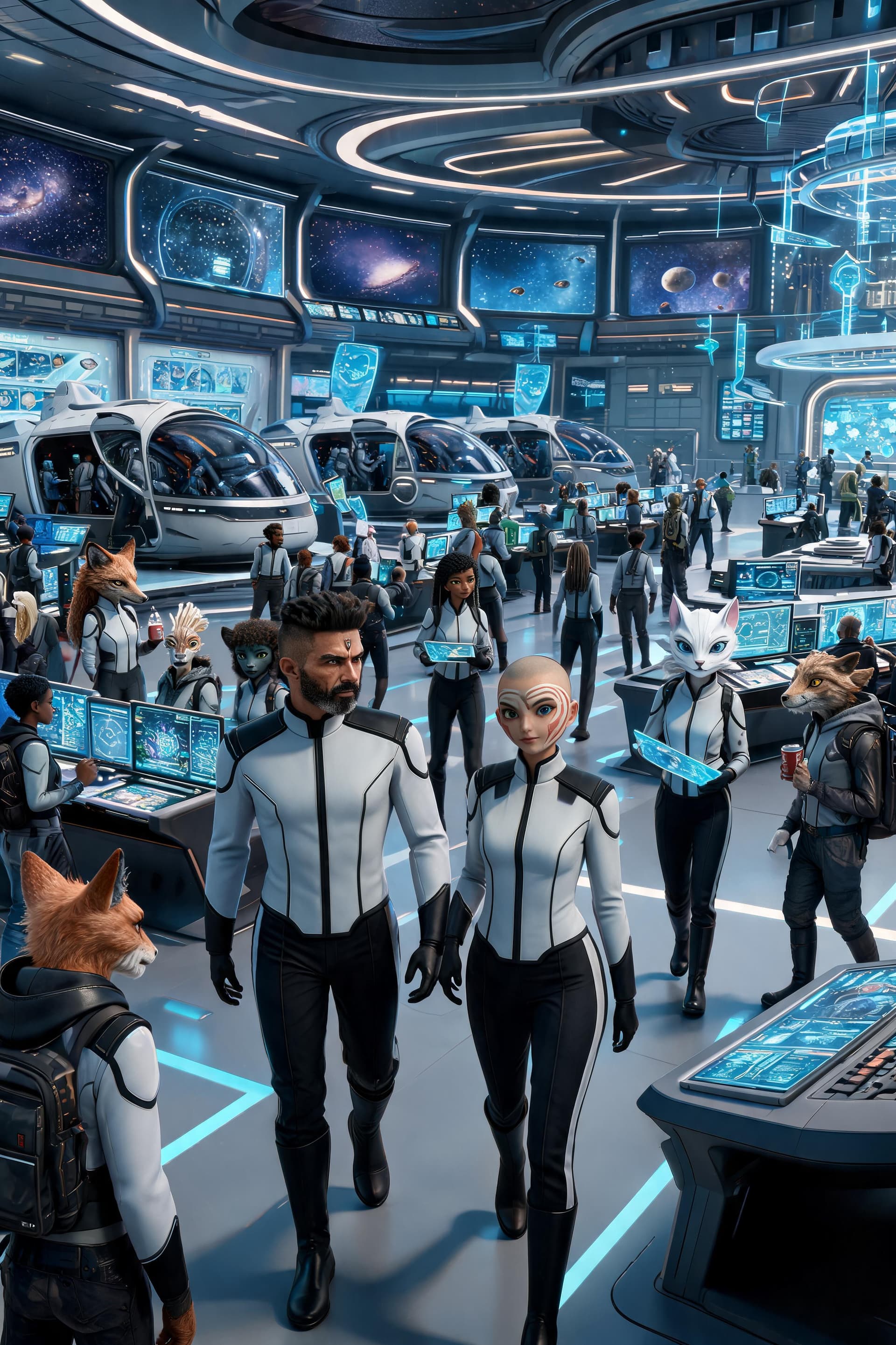 AI generated: Create a highly cinematic, ultra-realistic scene depicting everyday life inside the Galaxial Vora'di...