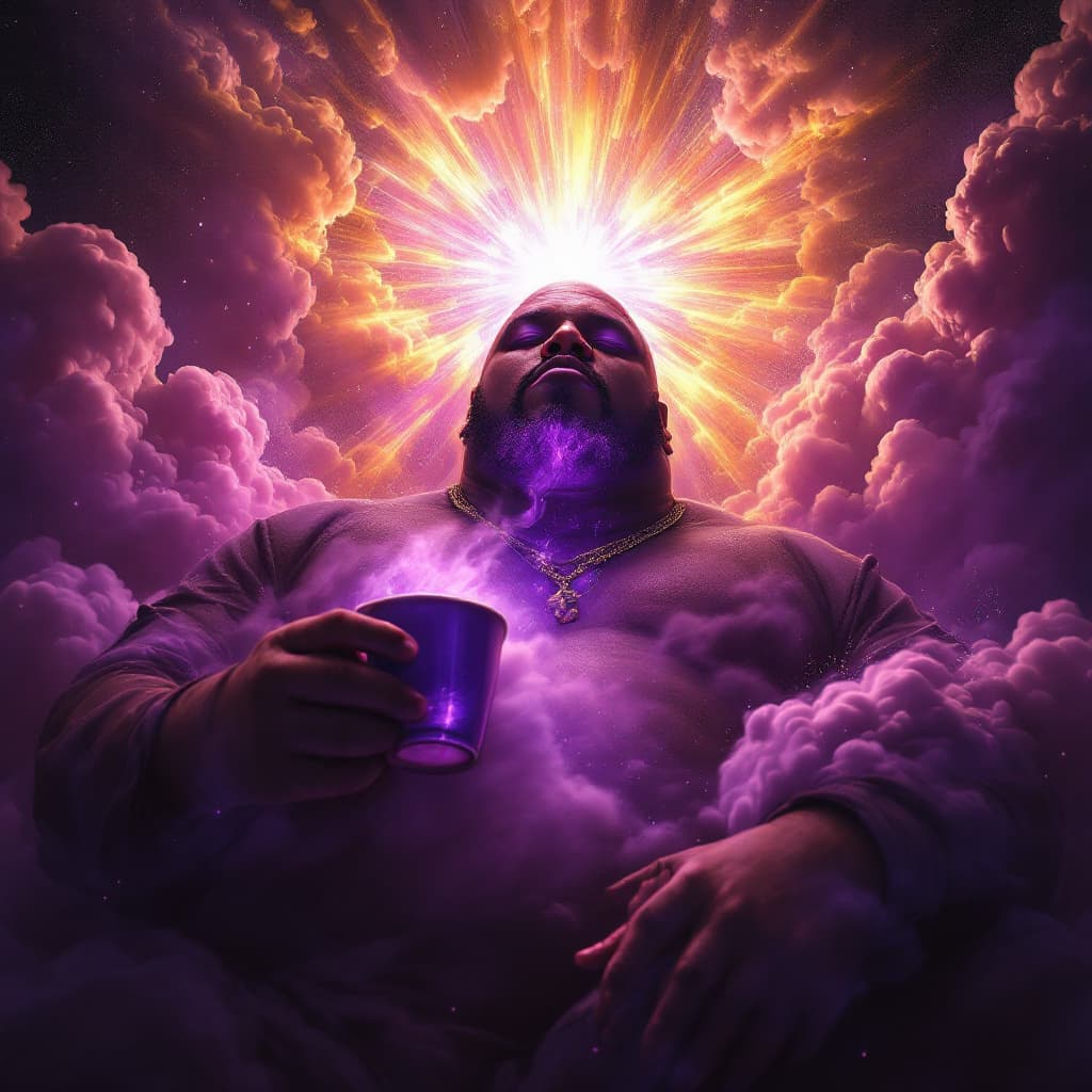AI generated: dave blunts a big very very fat bald black rapper with no facial hair transcending into heaven whils...