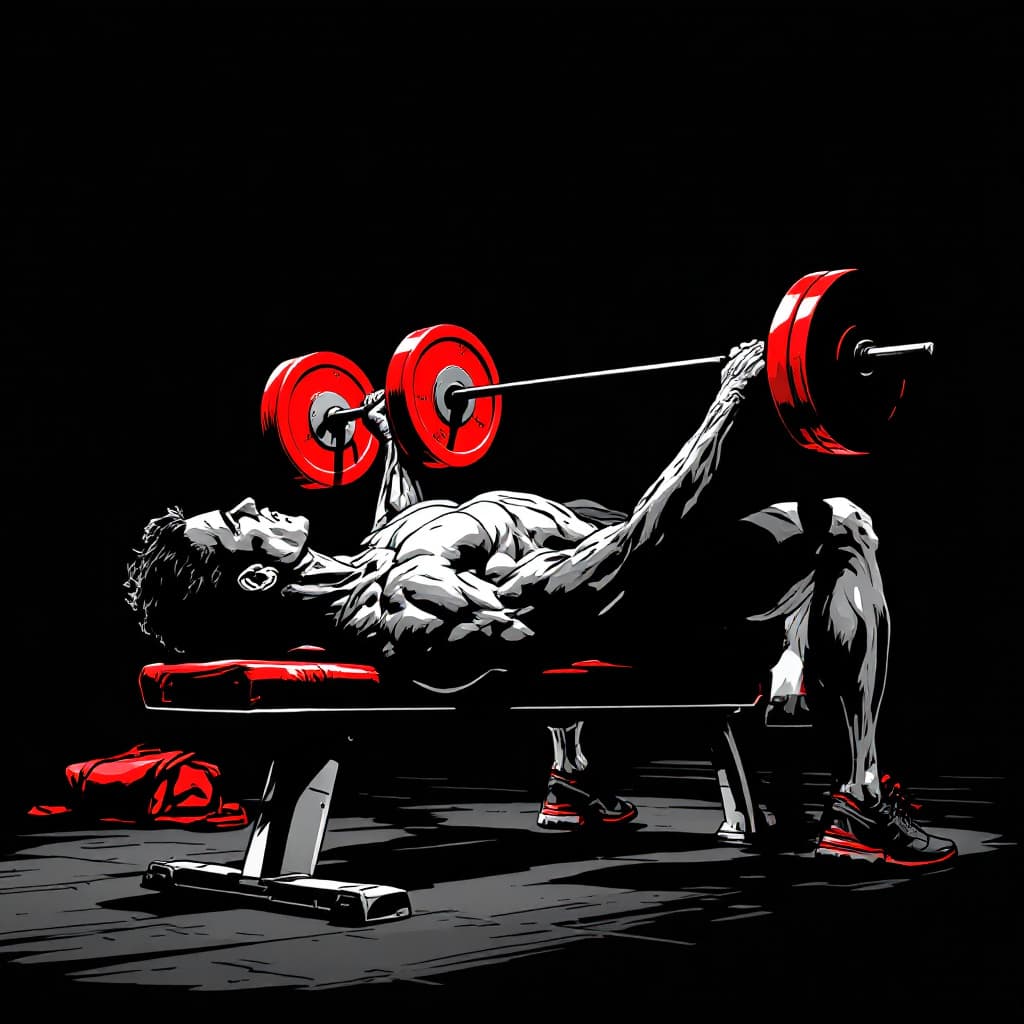 AI generated: comic book cover, a bodybuilder that is lying down is bench-pressing on a flat bench, red weights, g...