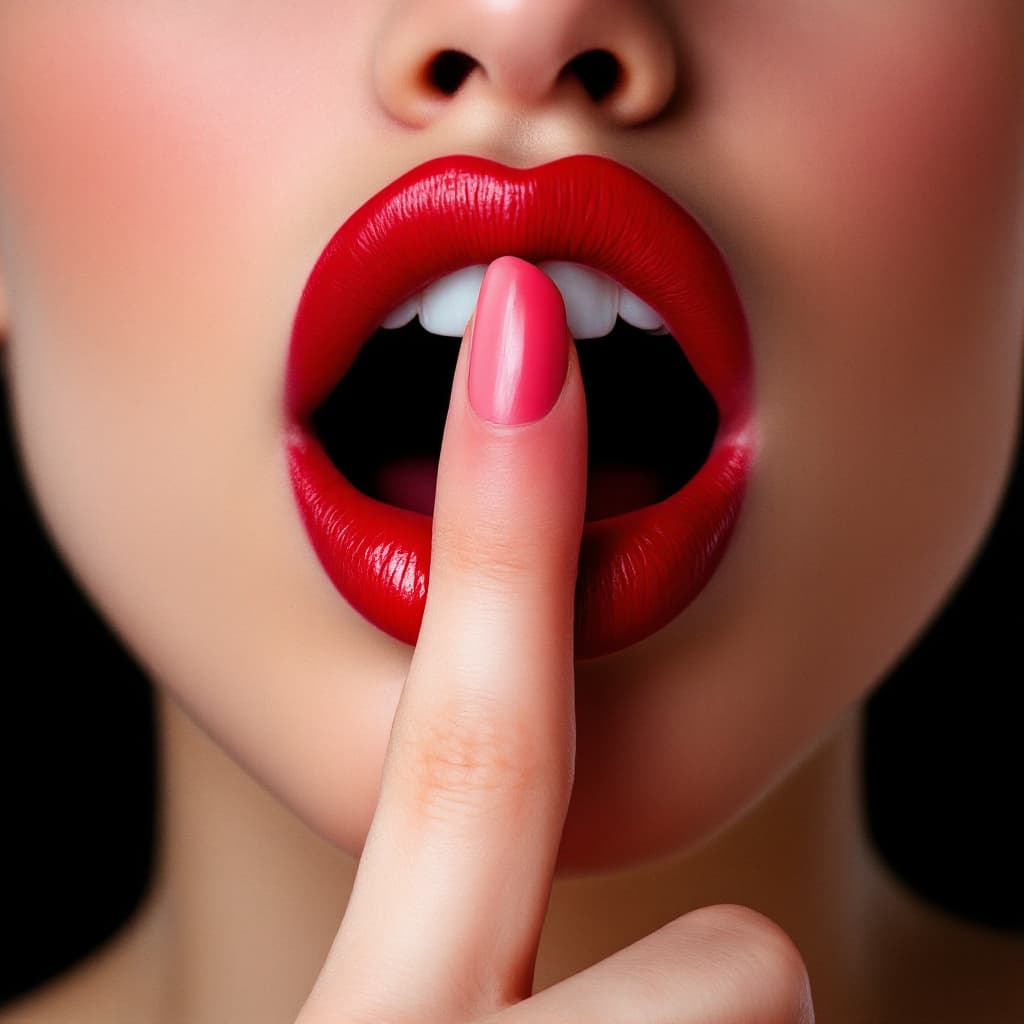 AI generated: Rote lippen, zeigefinger der shh signalisiert, klecks joghurt an der unteren lippe 