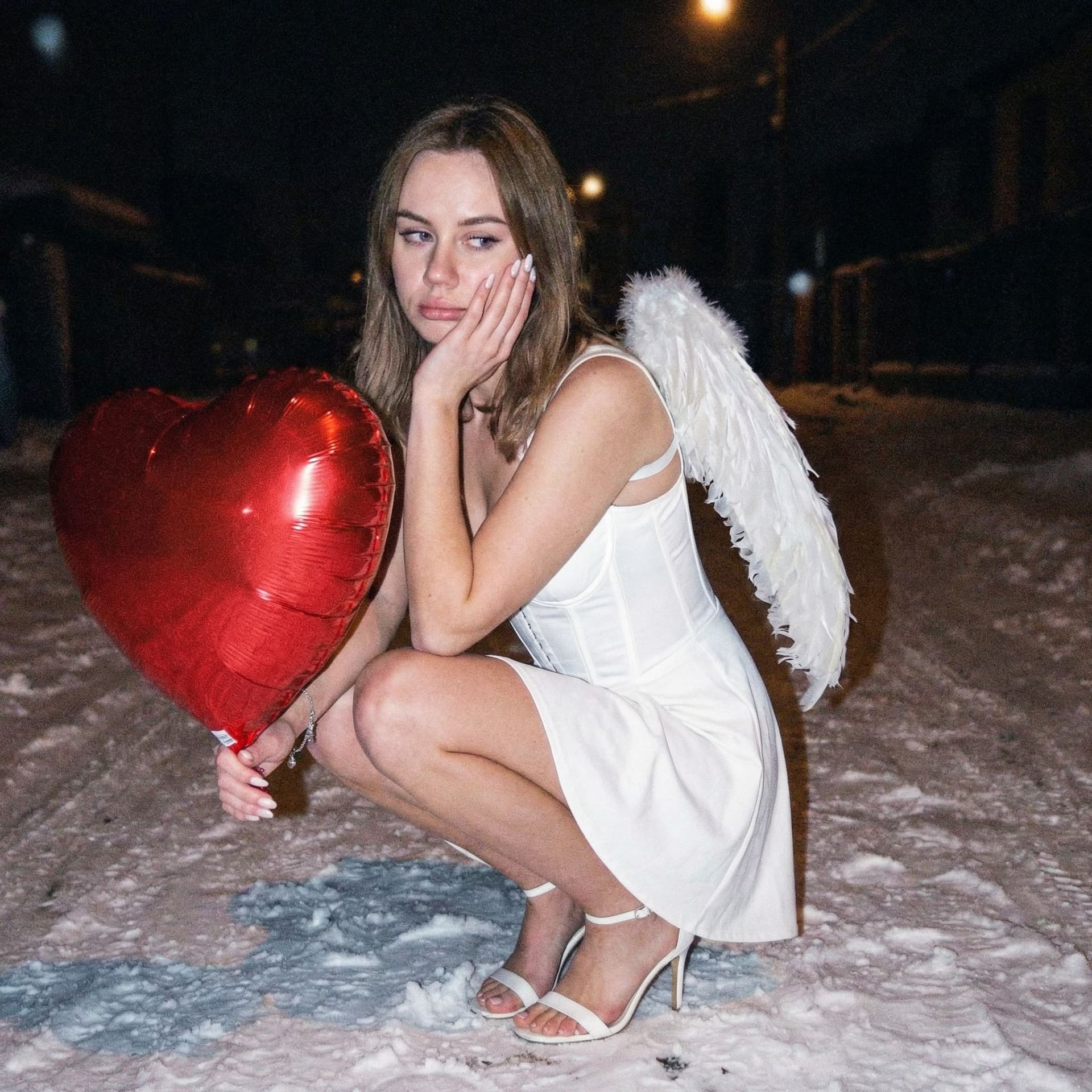 AI generated: Use the uploaded photo for your face, do not change it. A white short corset dress without sleeves, ...