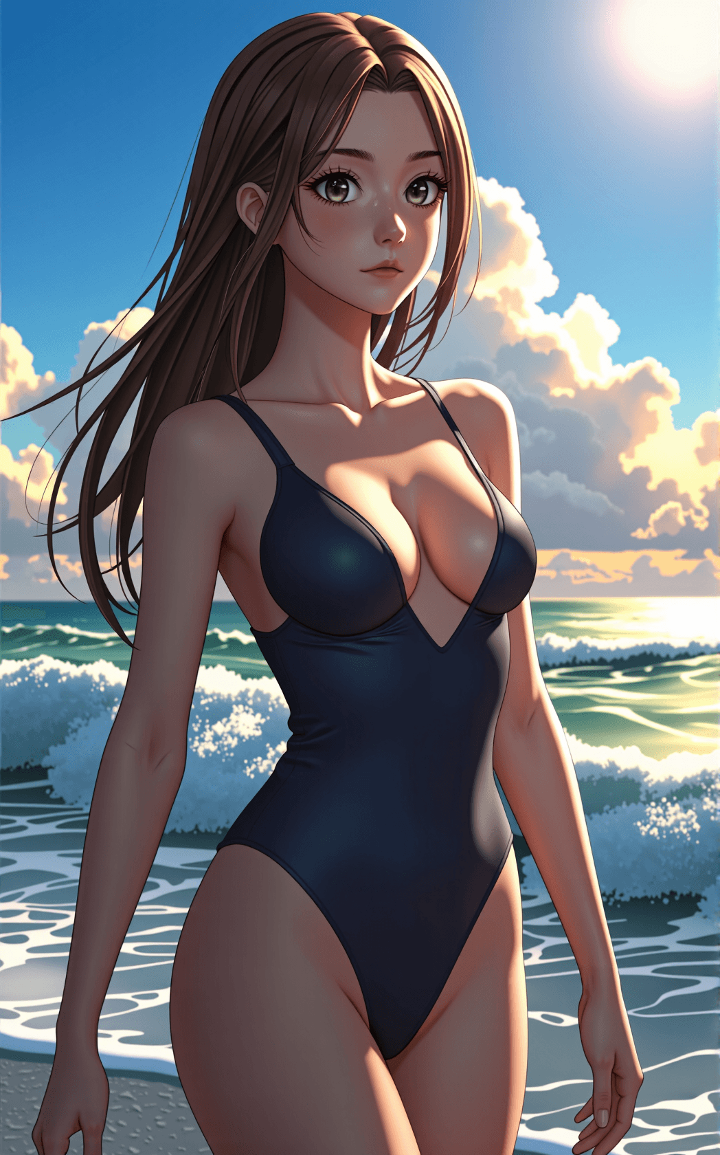 AI generated: A young woman stands poised with long chestnut hair parted slightly off center, cascading in loose b...