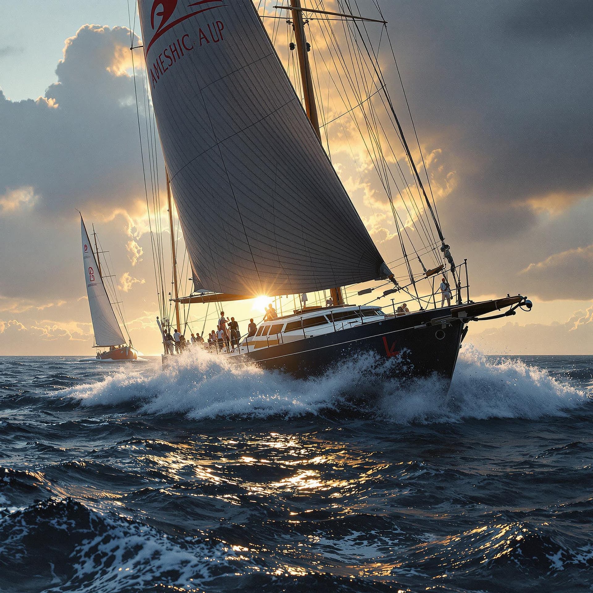 AI generated: Painting of Ocean yacht racing, Velsheda, the America's Cup, dramatic light, pale sunrise, cinematic...