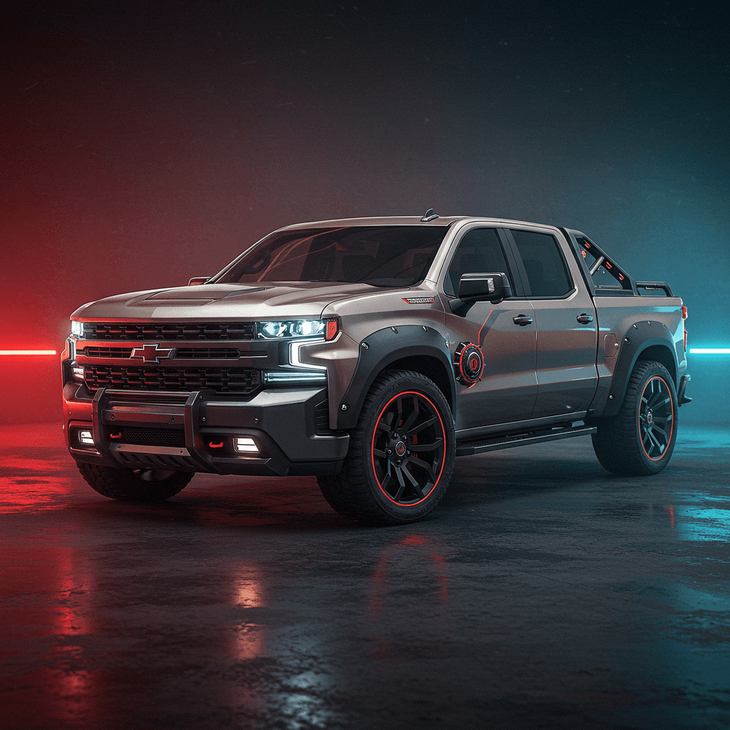 AI generated: futuristic 2027 Silverado concept design blending steampunk and Cyberpunk 2077 aesthetics features a...