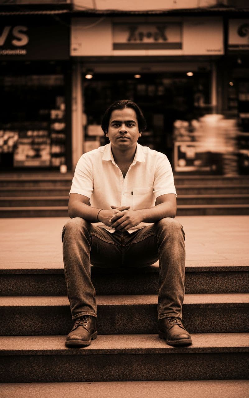 AI generated: Outdoor street-portrait set in New Friends Colony CC Market, New Delhi.

A stylish young man (use ...