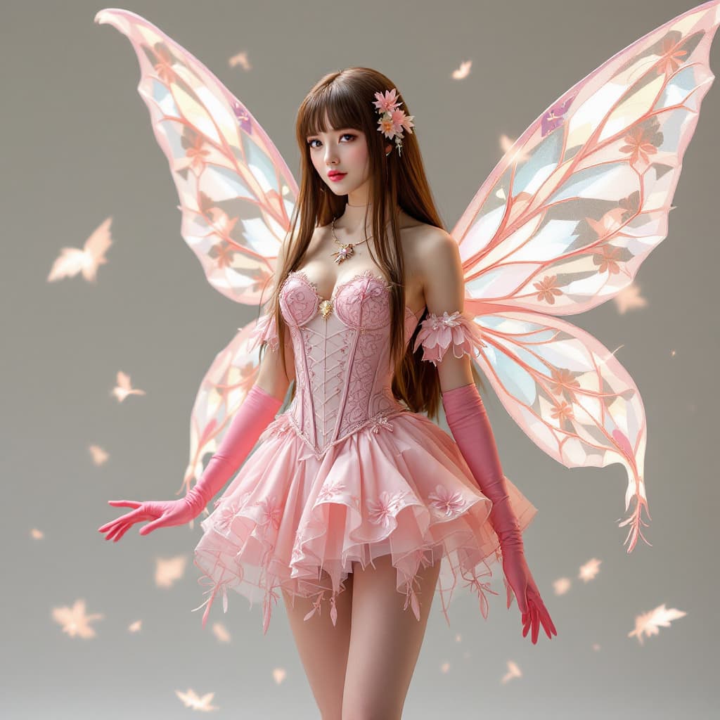 AI generated: meyoco art style Flora, transformation, fairy wings translucent , mini dress with corset straight A-...