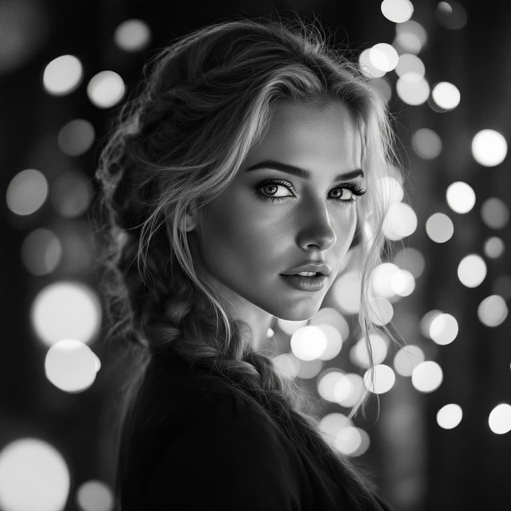 AI generated: black and white photography, a blonde woman in french braid, surrounded by enchanting bokeh lights, ...