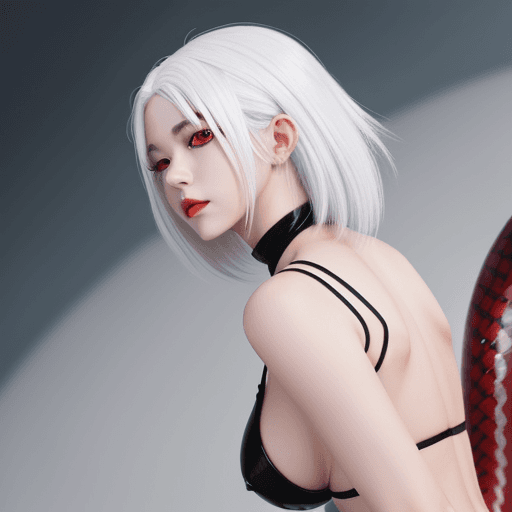 AI generated: anime girl, snake tail, white hair, red eyes, human body