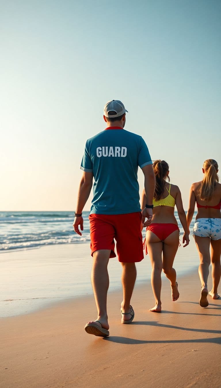 AI generated: A man in a lifeguard uniform walks with 3 girls (15 years old) to an ocean beach, the girls are dres...