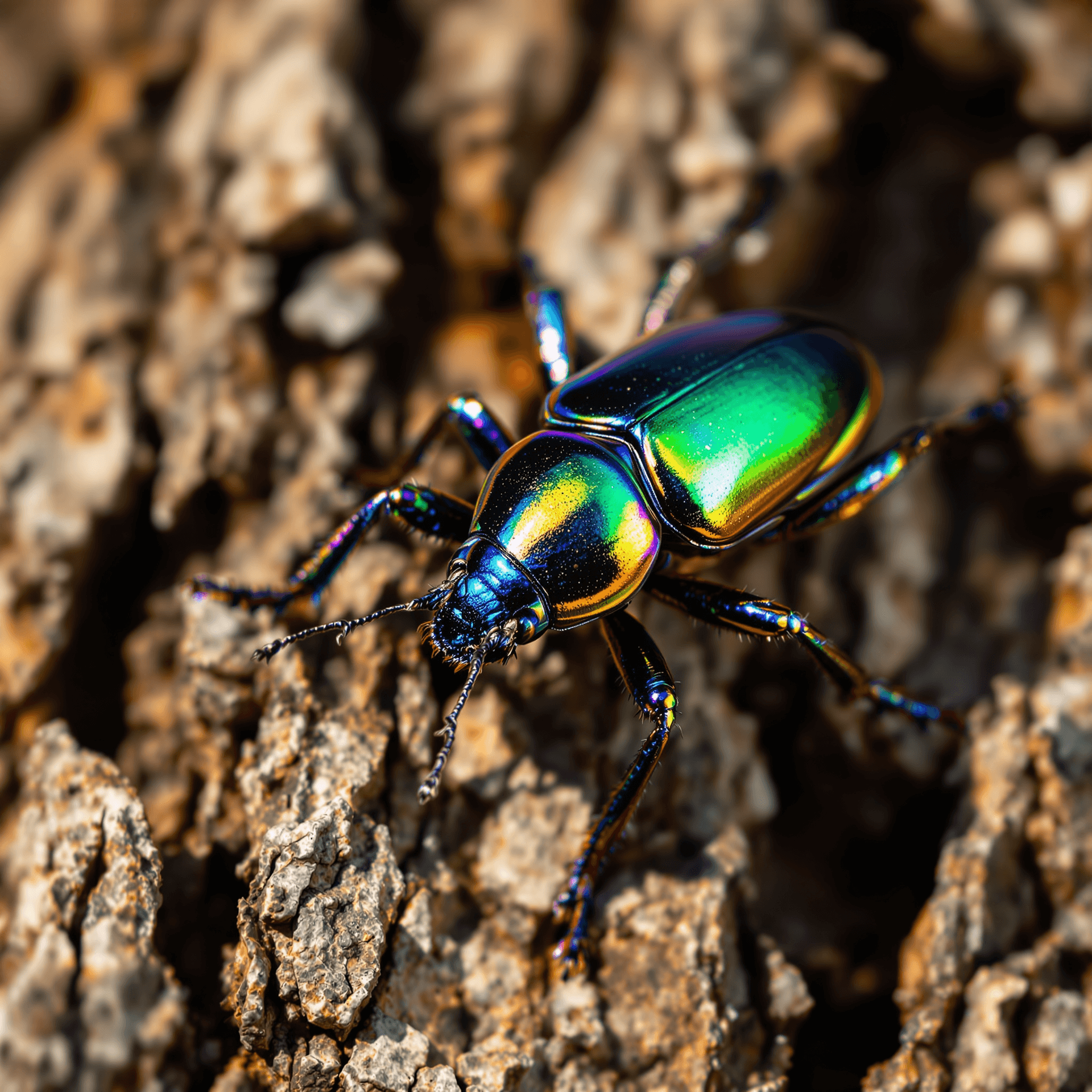 AI generated: [High-resolution macro photograph of a jewel beetle perched on a tree bark], [a shimmering iridescen...