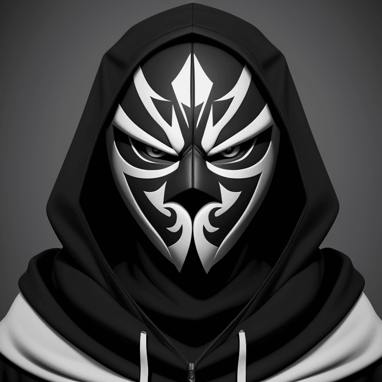 AI generated:  The image features a black and white stylized logo of a masked character. The mask has a hood and i...