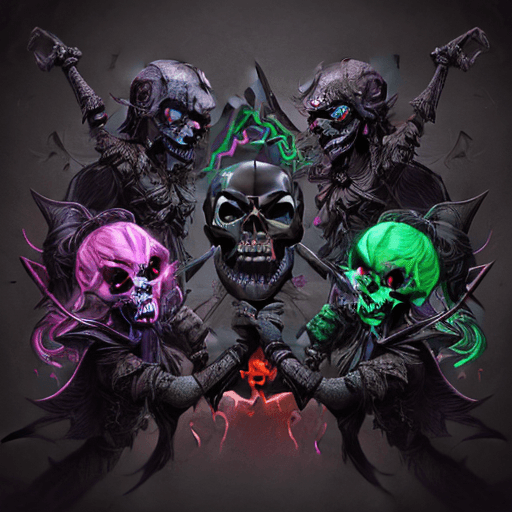 AI generated: Smiling Dark Puppet Fighting Monsters, A Dark Fantasy in Escher's Style, Skull & Bones, Neon Multico...
