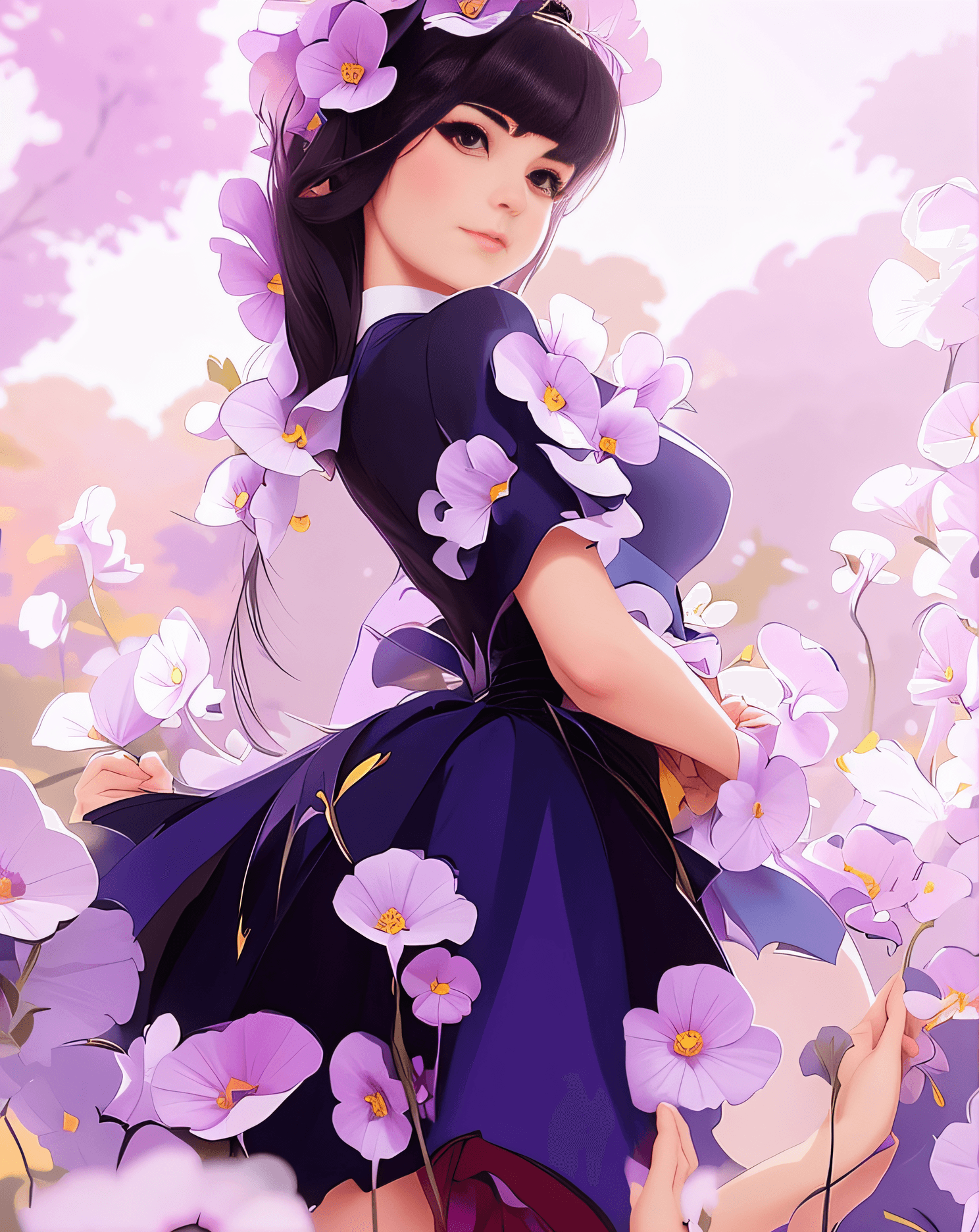 AI generated: a close up of a woman in a dress surrounded by purple flowers, lois van rossdraws, ross tran style, ...