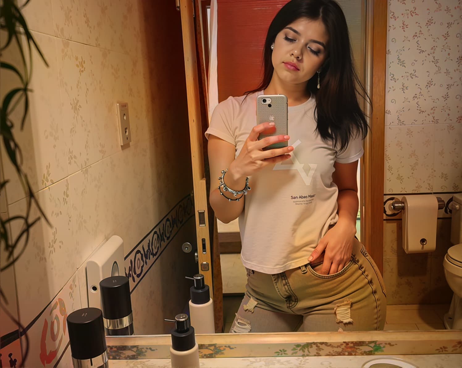 AI generated: A young girl with long black hair is taking a selfie in her bathroom. She is wearing a yellow T-shir...
