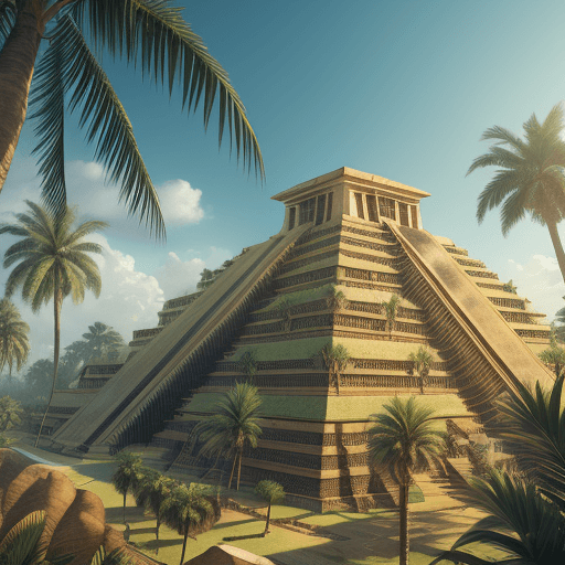 AI generated: A majestic Great Ziggurat of Ur surrounded by lush palm trees and a bustling cityscape, rendered in ...